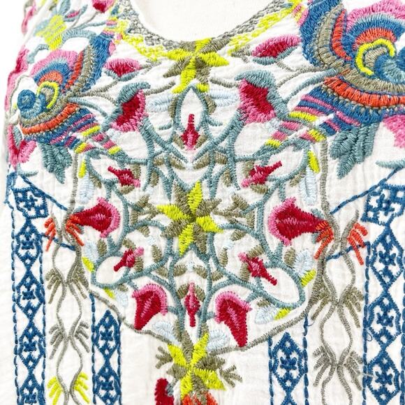 BIYA by JOHNNY WAS Floral Embroidered White Keyhole Neck 100% Cotton Tunic Sz S - Picture 4 of 10